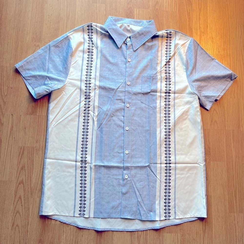 Blue Button Down Shirt with Large White Stripes & Grapgics